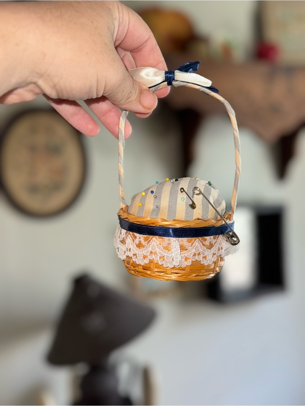 Handcrafted Cream and Blue Lace Trim Sewing Basket Pincushion